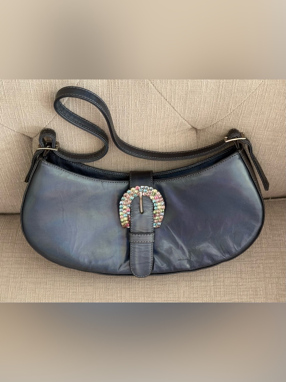 VerdeAcqua peacock deep blue color Crescent Shoulder Bag Rhinestone Buckle